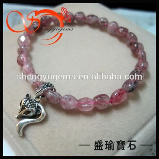 SMCB0123 MC design marcasite silver fox pendant with natural AAA strawberry quartz stone bracelet