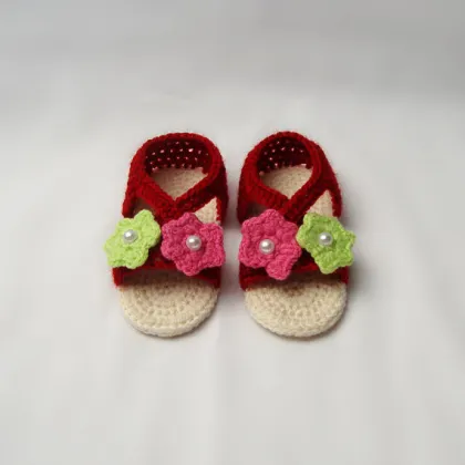 Red dark baby girl shoes crochet baby sandals handmade