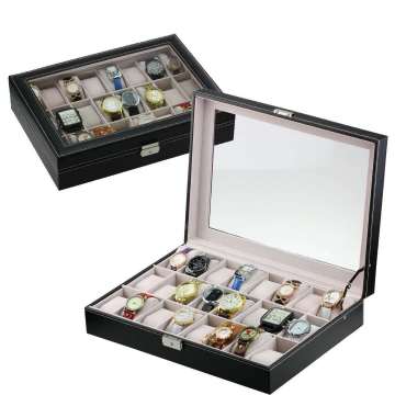 Luxury Watch Box: A Premium 24 Grids Watch Storage Solution with PU Leather, Lockable Transparent Glass Cover, and Jewelry Organizer Functionality