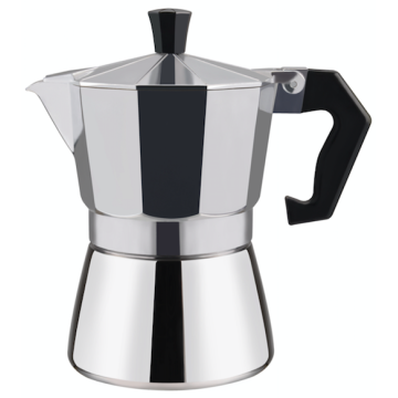 Cafetera de aluminio y acero inoxidable.