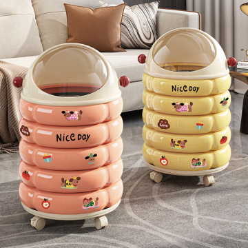 Creative Plastic Trash Can with Wheels and Cute Cartoon Design