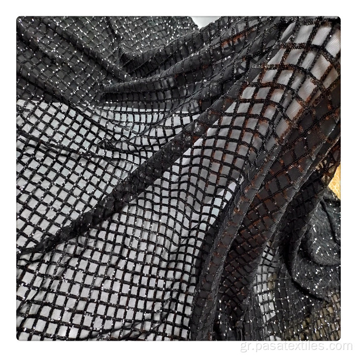 κεντημένο πλέγμα υλικό Sequin Black Diamond κεντημένο κέντημα πλέγματος πλέγματος στο spandex