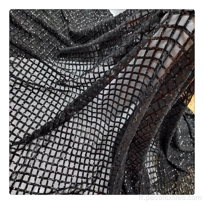 Broided Mesh Mateh Sequin Diamond Black Broidered Sequin Mesh Fabrière de tissu sur Spandex