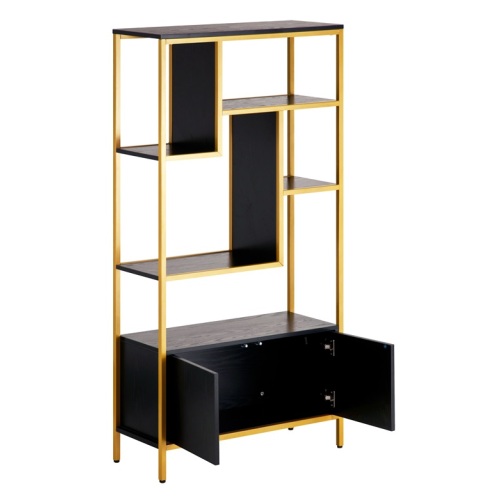 قفسه کتاب نمایش سیاه و طلایی با کابینت