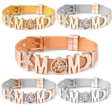 Hot Sale bedelarmband: designer sieraden met diamanten moederbriefschuifregelaars, gouden roestvrijstalen mesh -armband voor moederdaggeschenken
