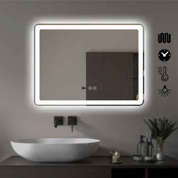 Smart LED Mirror: Defogging Display, Time & Temperature, Rectangular Wall Mount for Bathroom