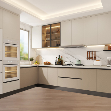 Modern Multi-Style Custom Kitchen Cabinet and Stove Ensemble in Gold
