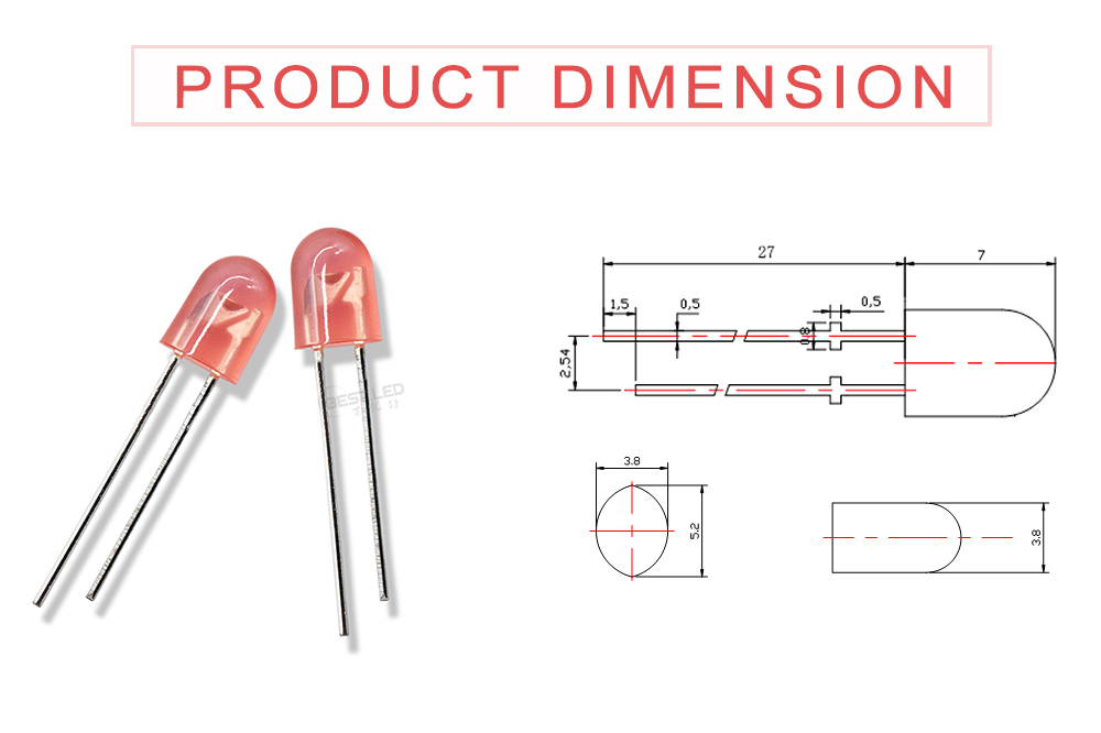 Size of 546FRD62D2L10 High Bright 5.2x3.8mm Oval Red Led Diffused Flangeless pins