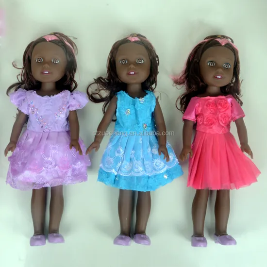 New 16 Inch African American Vinyl Doll with Curly Hair and Fashionable Dress Toy