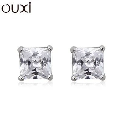 Silver wedding jewelry square shape cubic zircon paved 925 sterling silver stud earrings