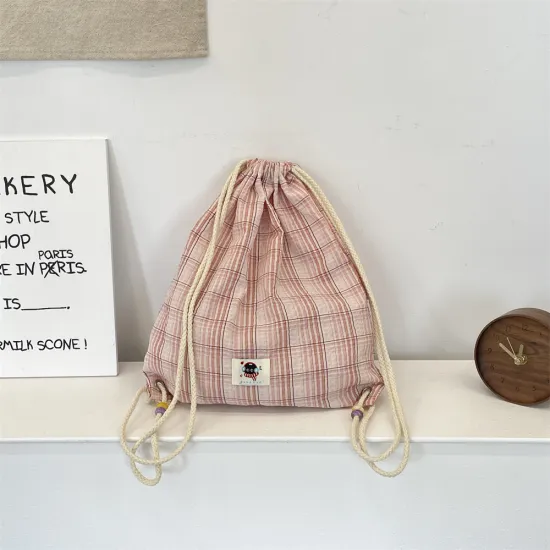 Reusable Fashion Small Pink Checkered Canvas Drawstring Bag