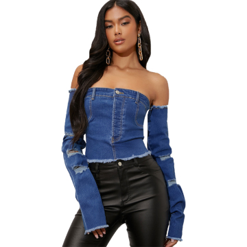 Women's Ripped Raw Hem Off Shoulder Denim Top Crop Jacket