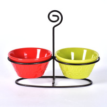 Snacks Ceramic Sauce Dipping Bowls with Iron Stand