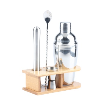 Personalized 4-Piece Stainless Steel Bartender Set with Bamboo Shelf: Customizable LOGO Printing Option