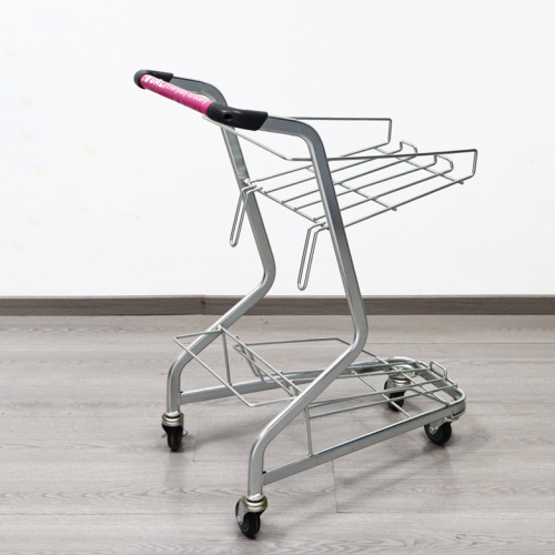 Steel Mesh Supermarket Cart with Dual Shelves
