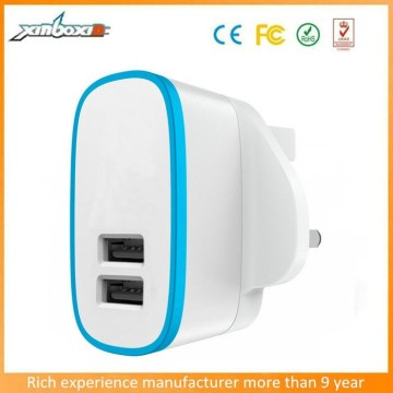Universal 2.1A US/EU/UK plug 2 port dual usbwall charger with FCC CE RoHS certificated
