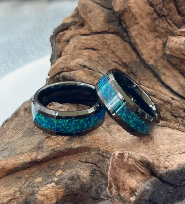 Black Tungsten Ring with Galaxy Opal Green Opal - Men's Wedding Band