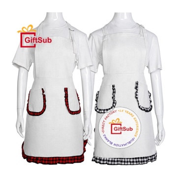 Customizable Plaid Ruffle Christmas Kitchen Cooking Apron with Two Pockets - Made of Cotton and Linen