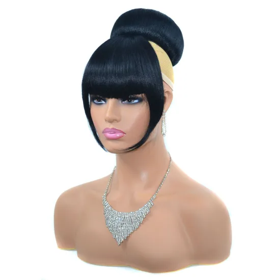 Chignon With Bangs Set Heat Resistant Fiber Straight Hair Bang Wig For Women Clip In Hair Extension