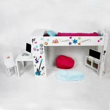 Wooden Doll Bed with Computer Desk/Computer/Chair/Bookcase/TV/Sofa/Carpet/Two Pillows/Blanket