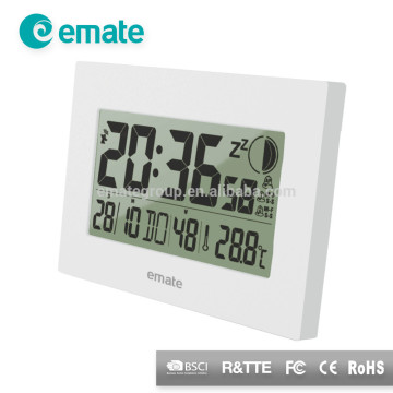Multi-function wall clock with calendar, week number, indoor temperature, moon phase, and two alarms with snooze function