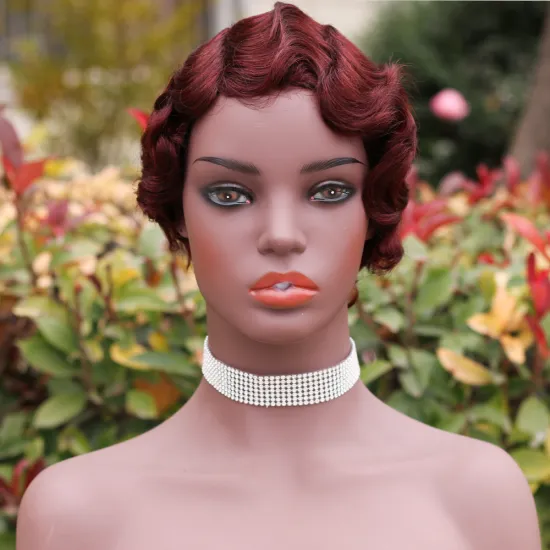 Vigorous Short Curly Cute Nuna Wigs Pixie Wigs for Women Finger Wave Human Hair Wig Wine Red
