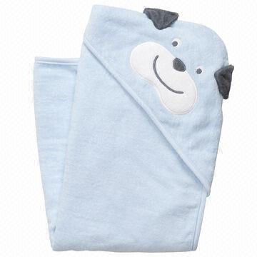 Baby hooded towel, made of velvet fabric, plain color with webbing and applique embroidery