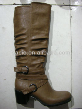 Ladies Women Middle Heel Winter Boot Wrinkles Buckles Deco