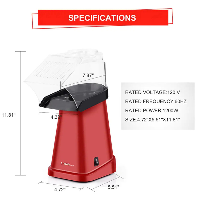 Hot Air Popcorn Popper Maker Machine With Measuring Cup Oil-free - Red