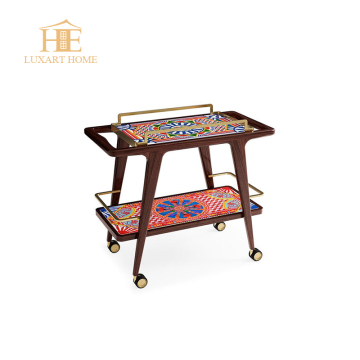 Lacquered Walnut Italian Bar Cart with Brass Finish and Glass Top