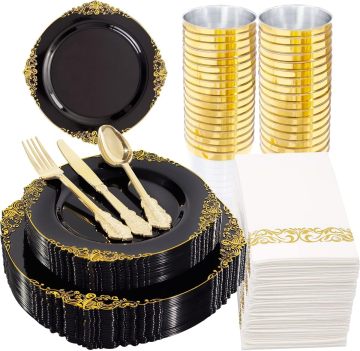 175pc Black and Gold Plastic Dinner Set - Plates, Cutlery, and Napkins