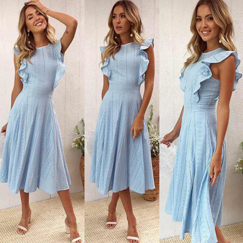 Womens Dresses Elegant Ruffle Cap Sleeves Dress