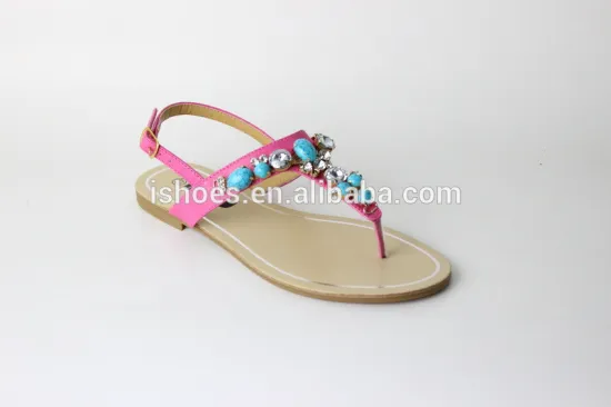 latest ladies fashion fancy flat summer sandals with T strap beaded