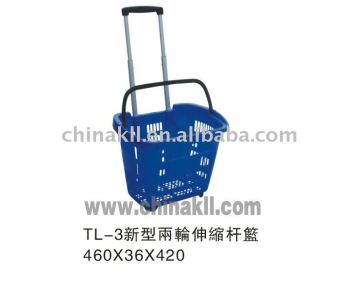 Supermarket plastic shopping basket with wheels