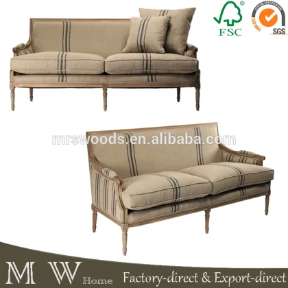 natural oak wood sofa with blue stripe, french country style sofa, french country sofa