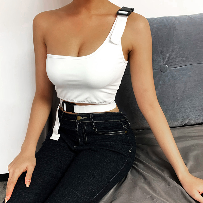 InstaHot Single Shoulder Buckle Cropped Top Summer Women Tank Tops Sleeveless White Backless Streetwear Ladies Top Sexy Club 202