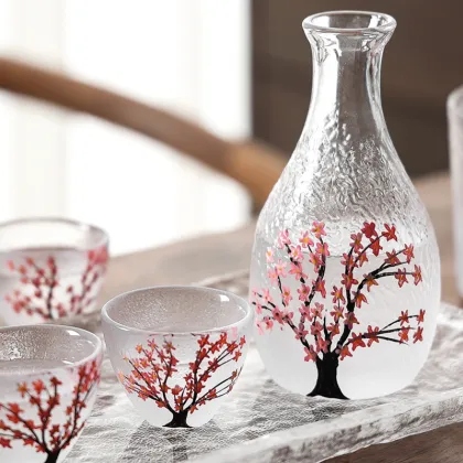 Hammerhead Frosted Sakura Sake Flask Set with Plum Wine Glasses - Wholesale