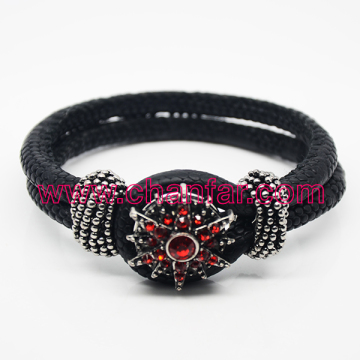 High quality crystal alloy snap button double leather bracelet jewelry wholesale
