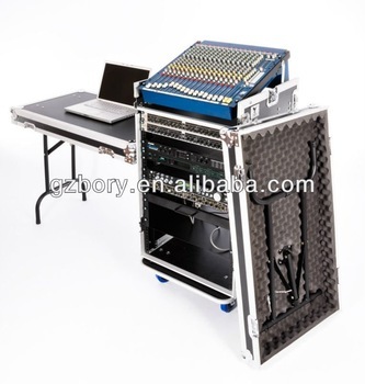 16u DJ Workstation Flight Case Rack with Side Tables and 10u Mixer Slant