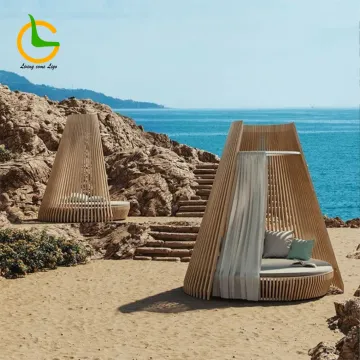 Rattan Beach Cabana with Swimming Pool Sun Lounger Bed - Bali Outdoor Round Daybed