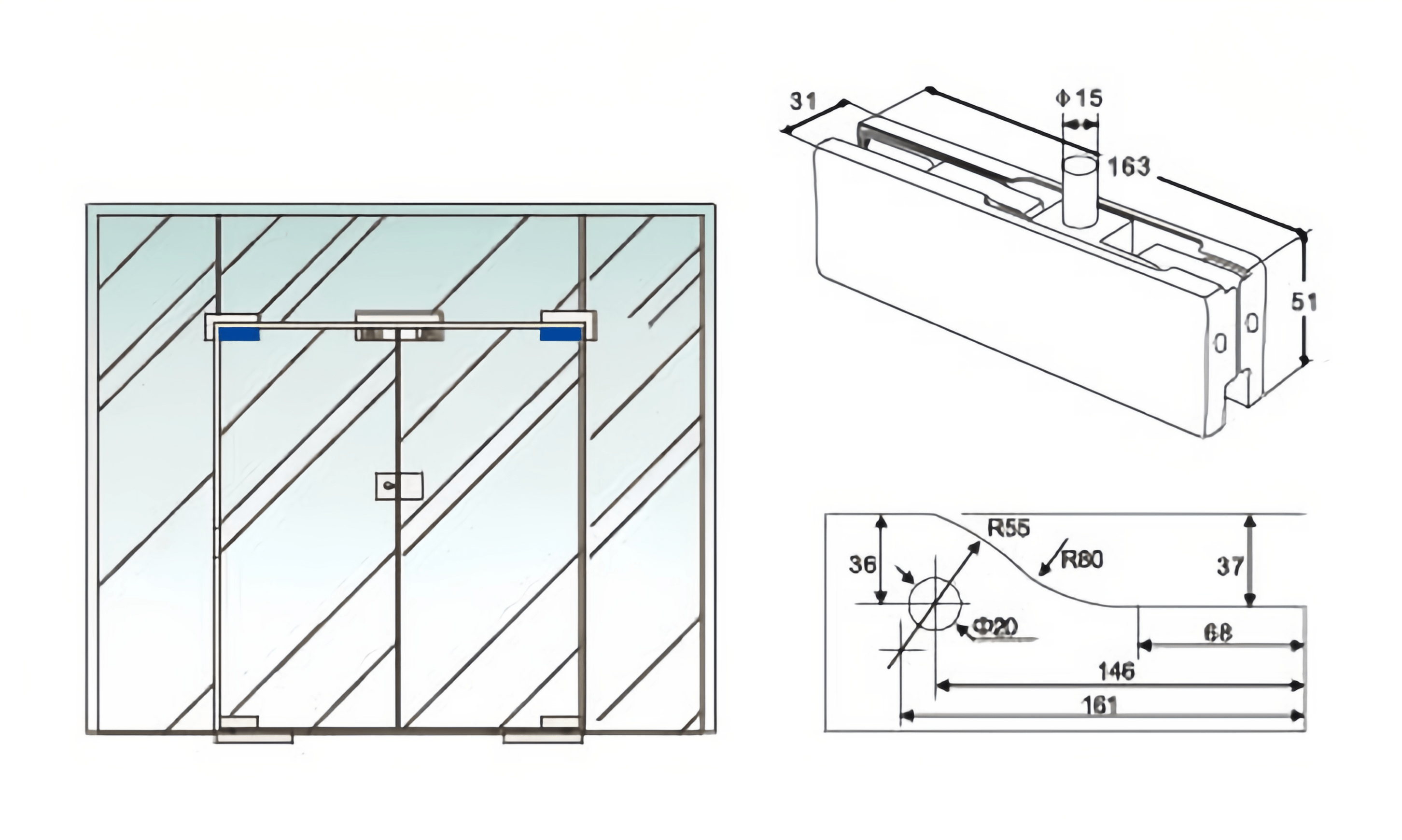 Glass cutout drawing for AZJ003 top patch fitting