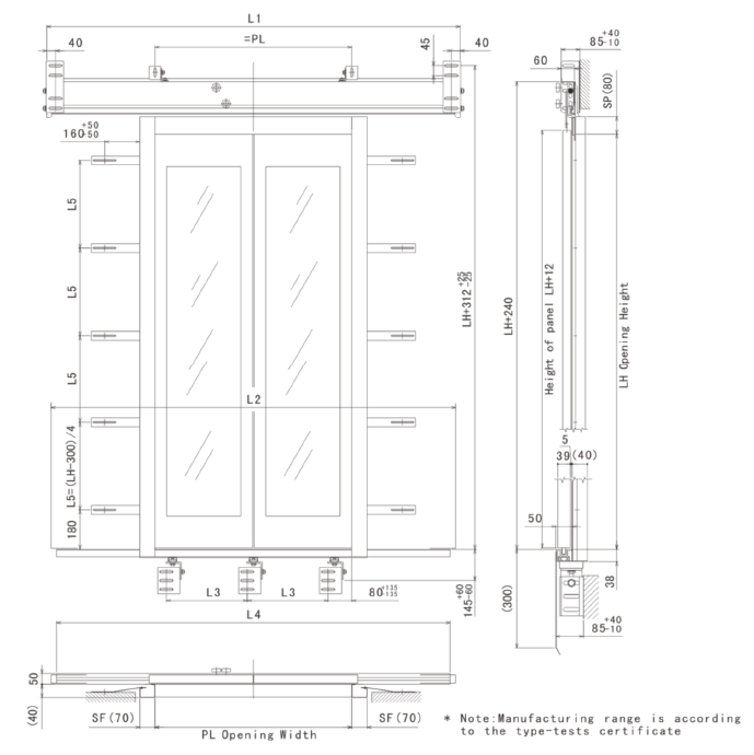 Two Panels Centre Opening Glass Landing Door With Frame-drawing