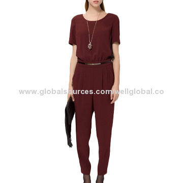 Woven Jumpsuit with Round Neck, Short Sleeve, OEM Orders Welcomed