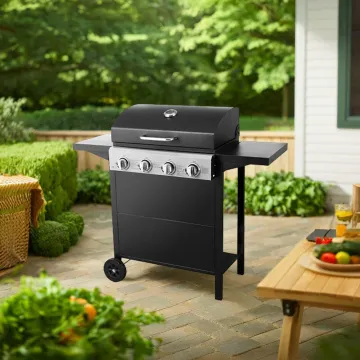 Outdoor Kitchen Trolley Moveable Barbecue 4 Burner Gas BBQ Picnic Grill Catering Trolley BBQ Tool Cooking Natural Black