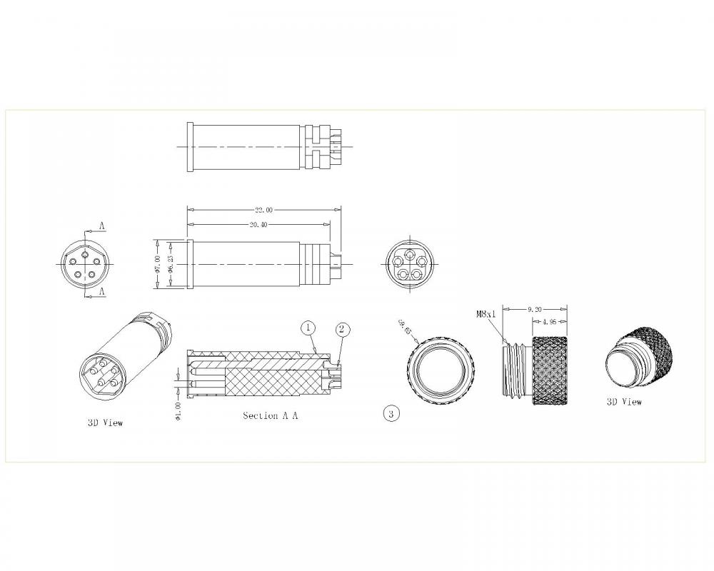 M8-XP-M-180-0 M8 2 ~ 5P MANNELIJKE B CODE DRAAD Side