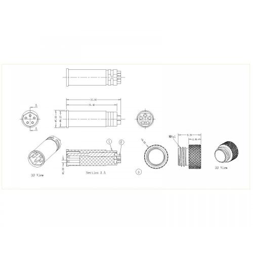 M8-XP-M-180-0 M8 2 ~ 5P MANNELIJKE B CODE DRAAD Side