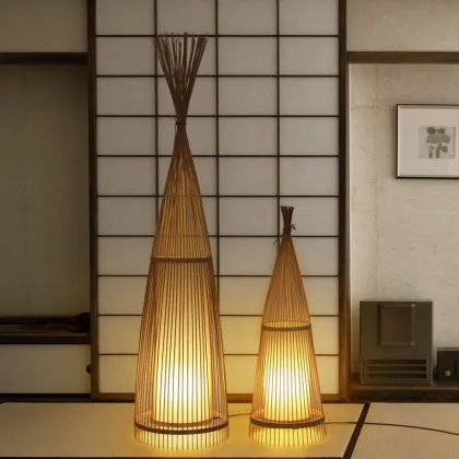 Bamboo Weaving Style Wooden Tripod Floor Lamp
