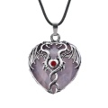 Rose Quartz Heart Antique Silver Double Dragon Stone Pendant (32x42mm) Necklace 45cm Black Cord