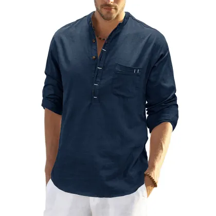 New Stand Up Collar Long Sleeved Cotton and Linen Men's Shirt