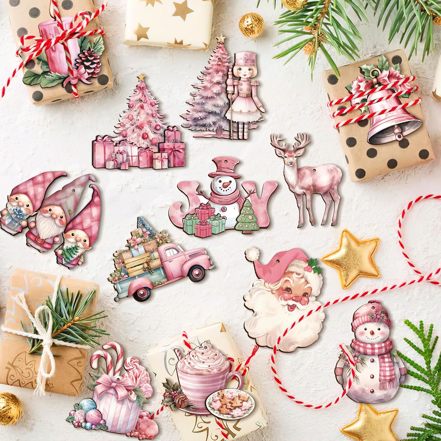 Pembe Suluboya Noel Ahşap Askı Süsleri Pink Watercolor Christmas Wooden Hanging Ornaments